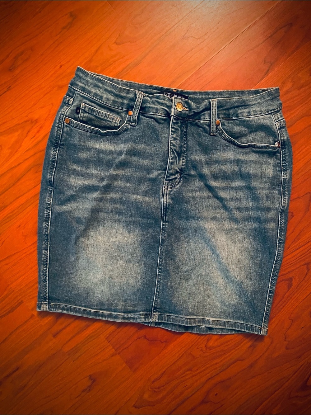 JUDY BLUE Short Denim Jean Skirt Blue Mini Medium Wash Stretch Pockets sz 1X